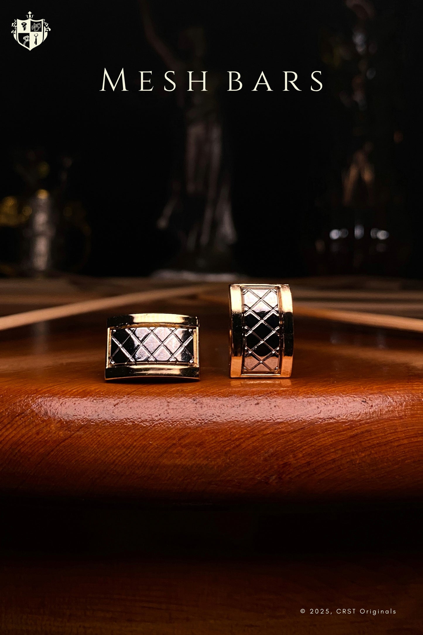 A pair of cufflinks with mesh texture.
