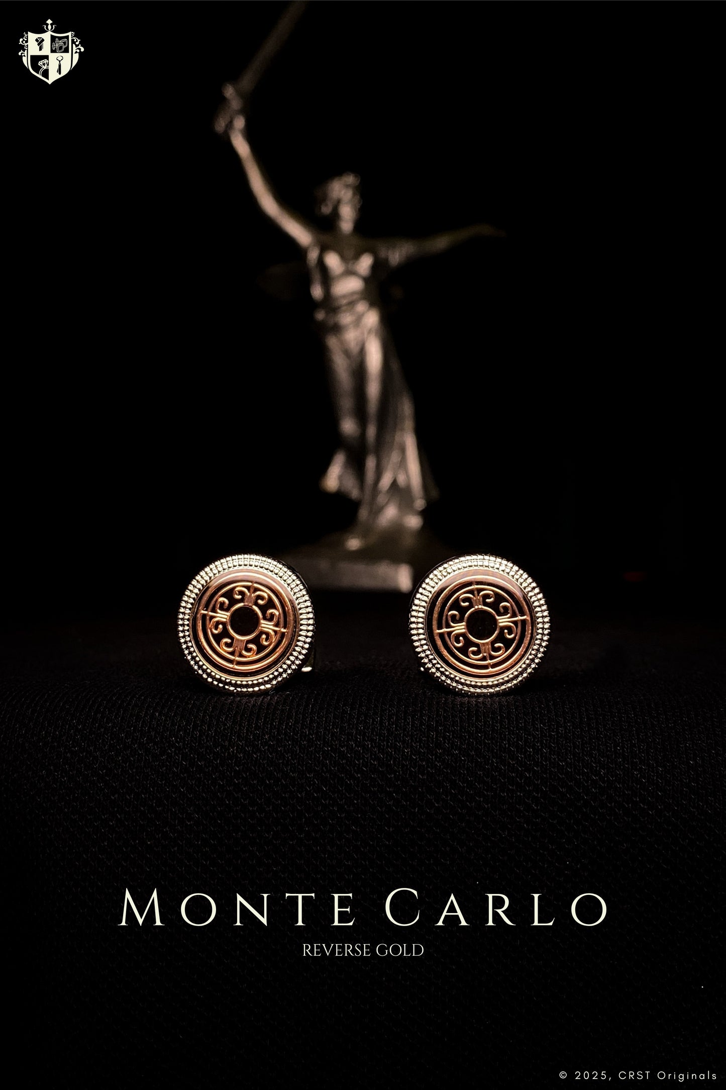 A pair of cufflinks called monte carlo by crst originals. Silver nd rosegold detailing.